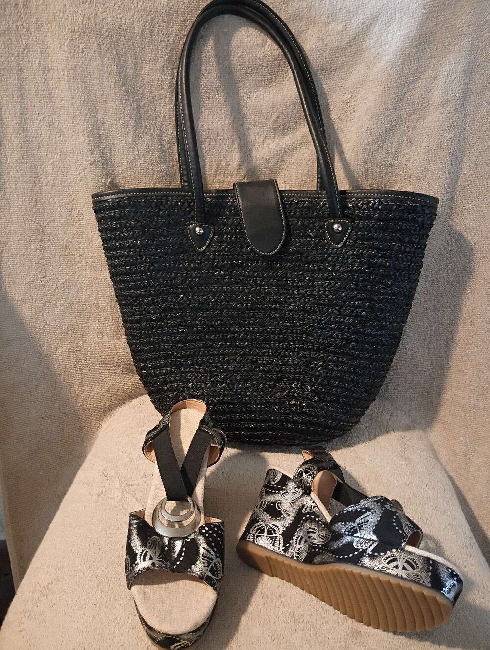 Black & Silver Platform Wedges with Matching Black Woven Straw Tote.